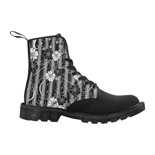 Black White Stripe Flower Print Boot Martin Boots for Women (Black) (Model 1203H)