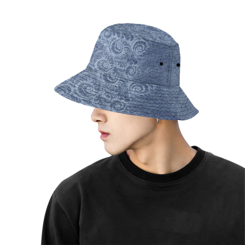 Denim with vintage floral pattern, blue romance All Over Print Bucket Hat for Men