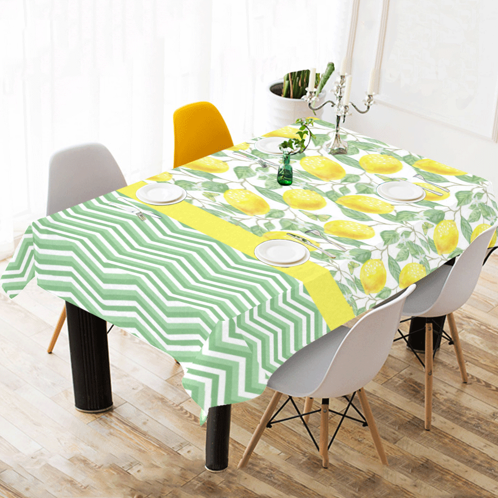 Lemons With Chevron 2 Cotton Linen Tablecloth 60"x120"