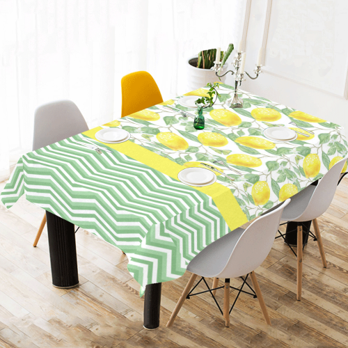 Lemons With Chevron 2 Cotton Linen Tablecloth 60"x120"