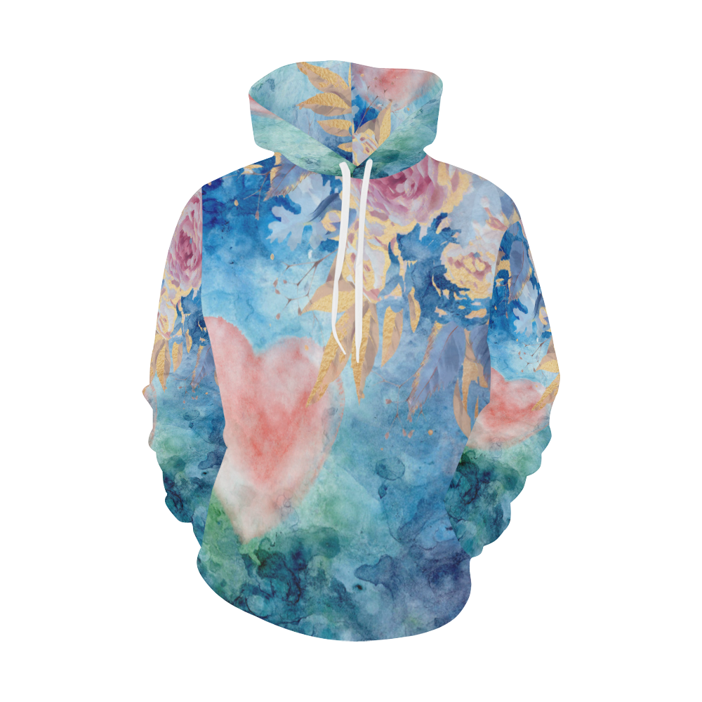 Heart and Flowers - Pink and Blue All Over Print Hoodie for Women (USA Size) (Model H13)