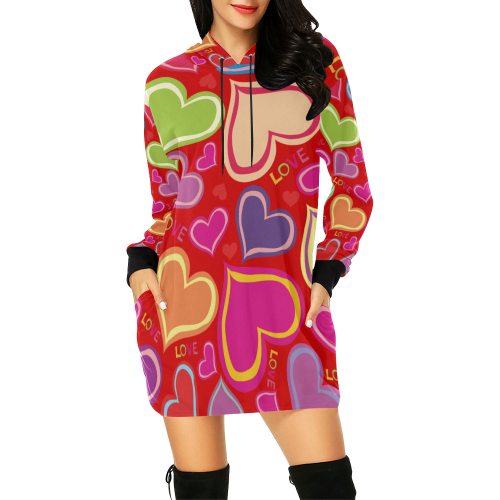 Cute Hearts LOVE RED All Over Print Hoodie Mini Dress (Model H27)