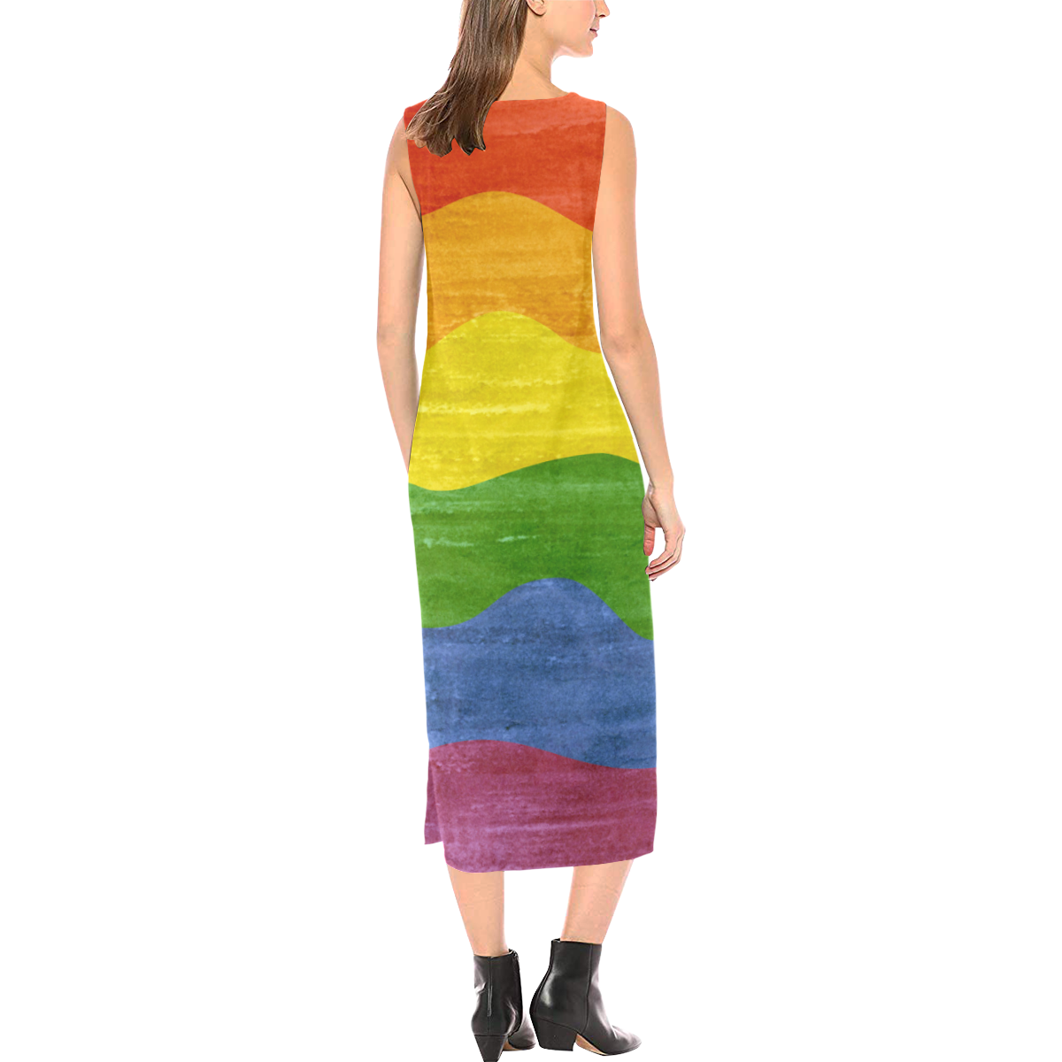 Gay Pride - Rainbow Flag Waves Stripes 3 Phaedra Sleeveless Open Fork Long Dress (Model D08)