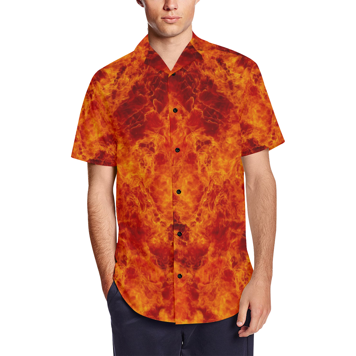 Hellfire Occult Underground Satin Dress Shirt Men's Short Sleeve Shirt with Lapel Collar (Model T54)