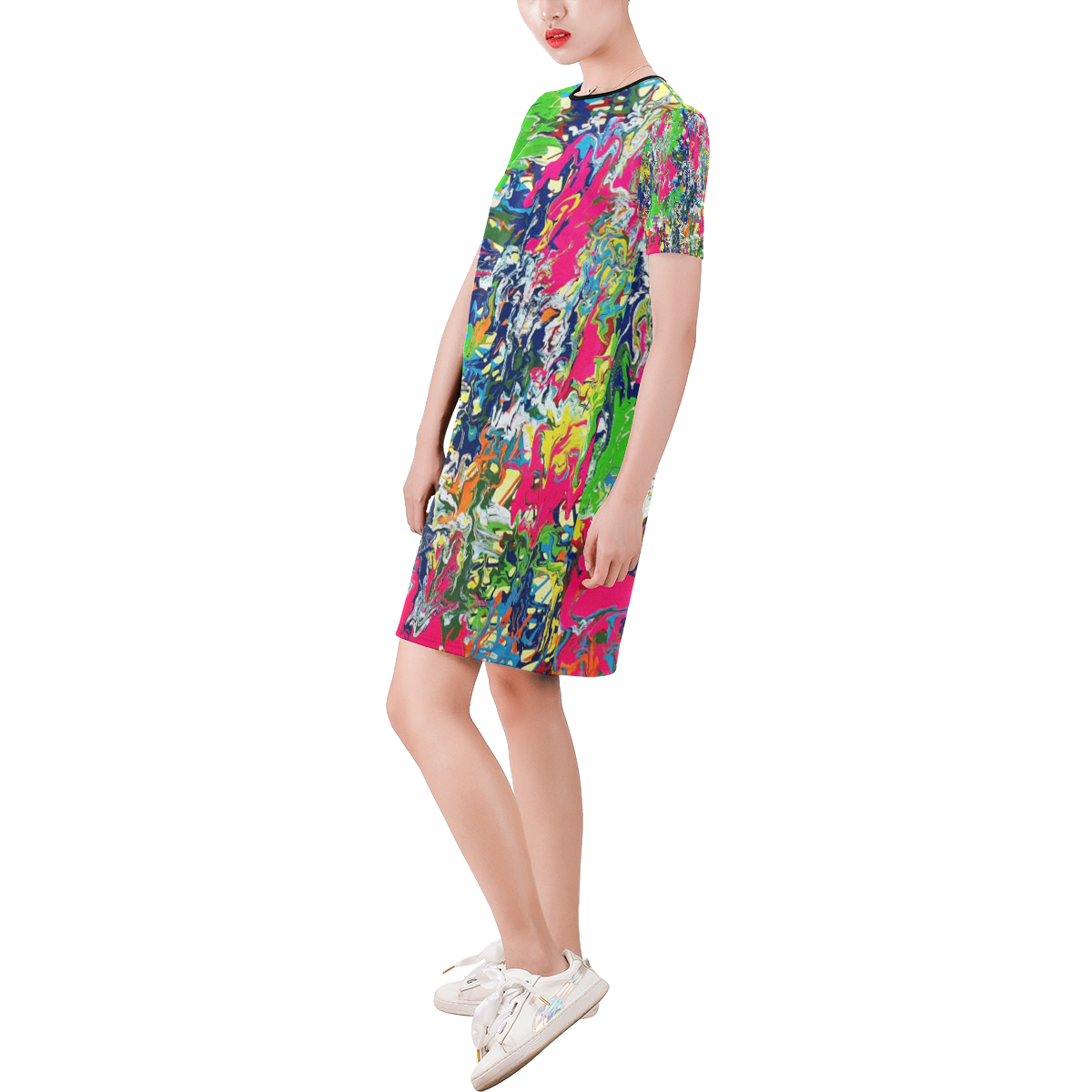 Bridge Short-Sleeve Round Neck A-Line Dress (Model D47)