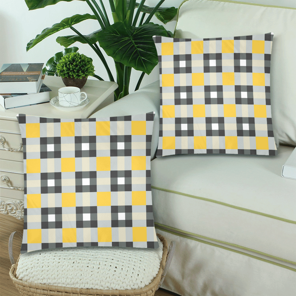 Yellow Plaid Custom Zippered Pillow Cases 18"x 18" (Twin Sides) (Set of 2)