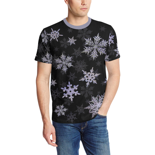 Snowflakes Blue Purple on black Men's All Over Print T-Shirt (Solid Color Neck) (Model T63)