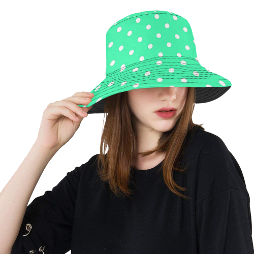 Mint Green White Dots All Over Print Bucket Hat