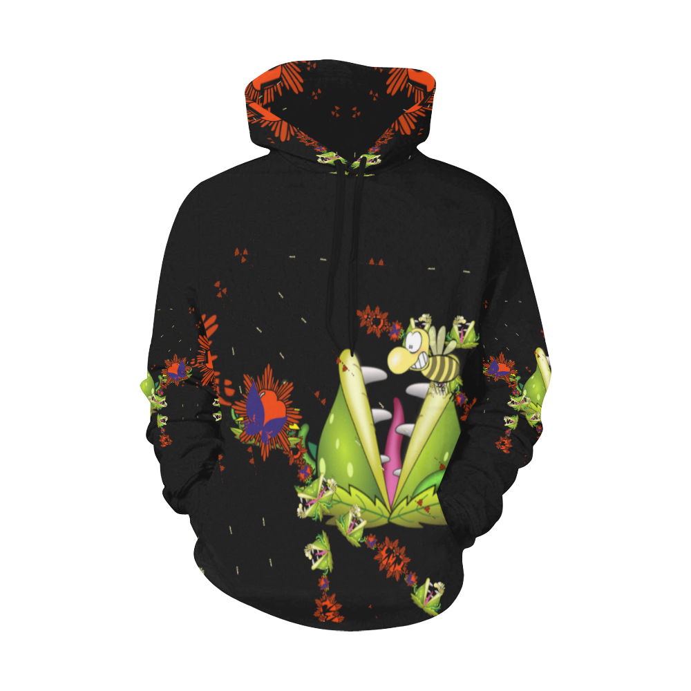 Random Stuff... Enjoy Space Cartoon Sdcene with Man Eating Plany All Over Print Hoodie for Women (USA Size) (Model H13)