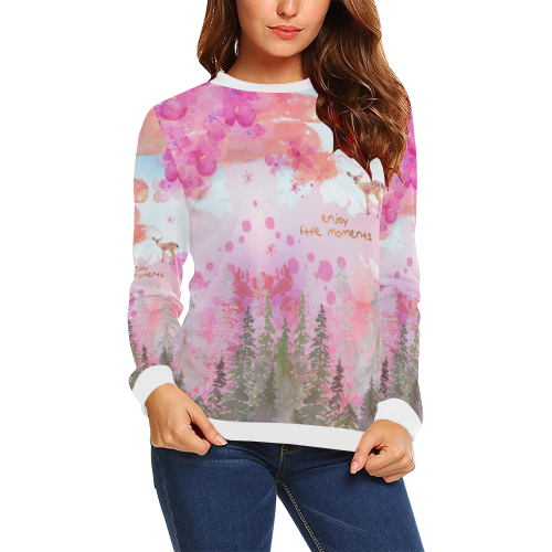 Little Deer in the Magic Pink Forest All Over Print Crewneck Sweatshirt for Women (Model H18)