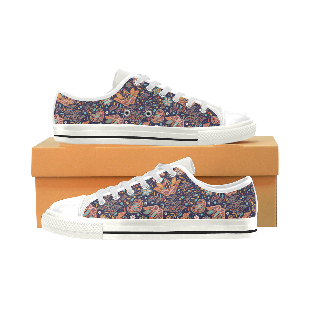 Floral Paisley Pattern - Navy Low Top Canvas Shoes for Kid (Model 018)