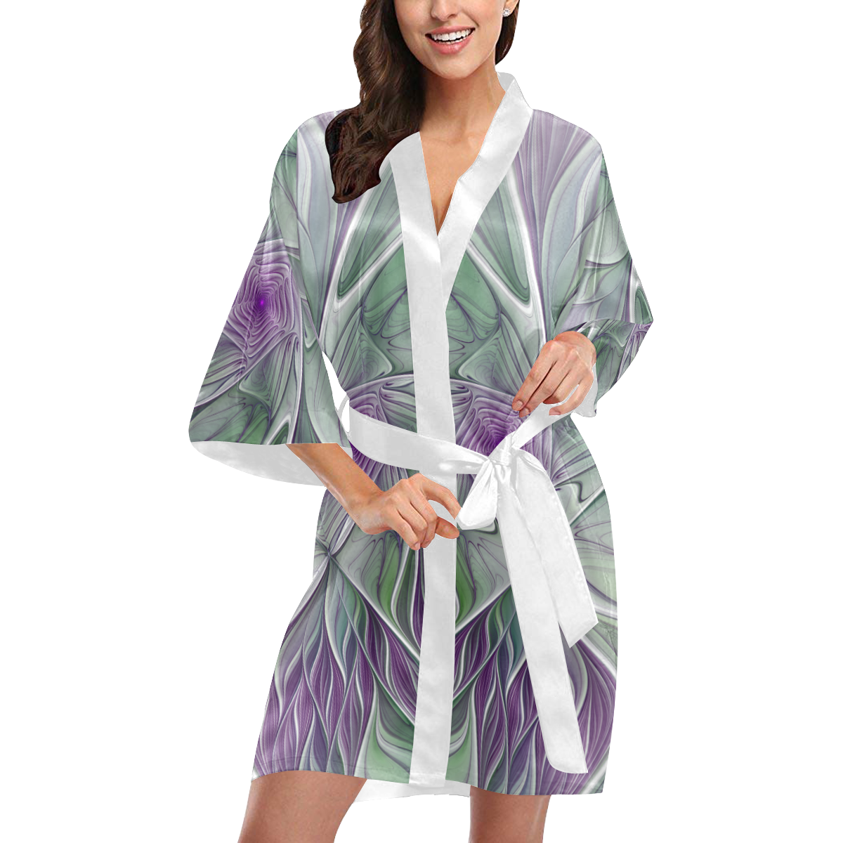 Flower Dream Abstract Purple Sea Green Floral Fractal Art Kimono Robe