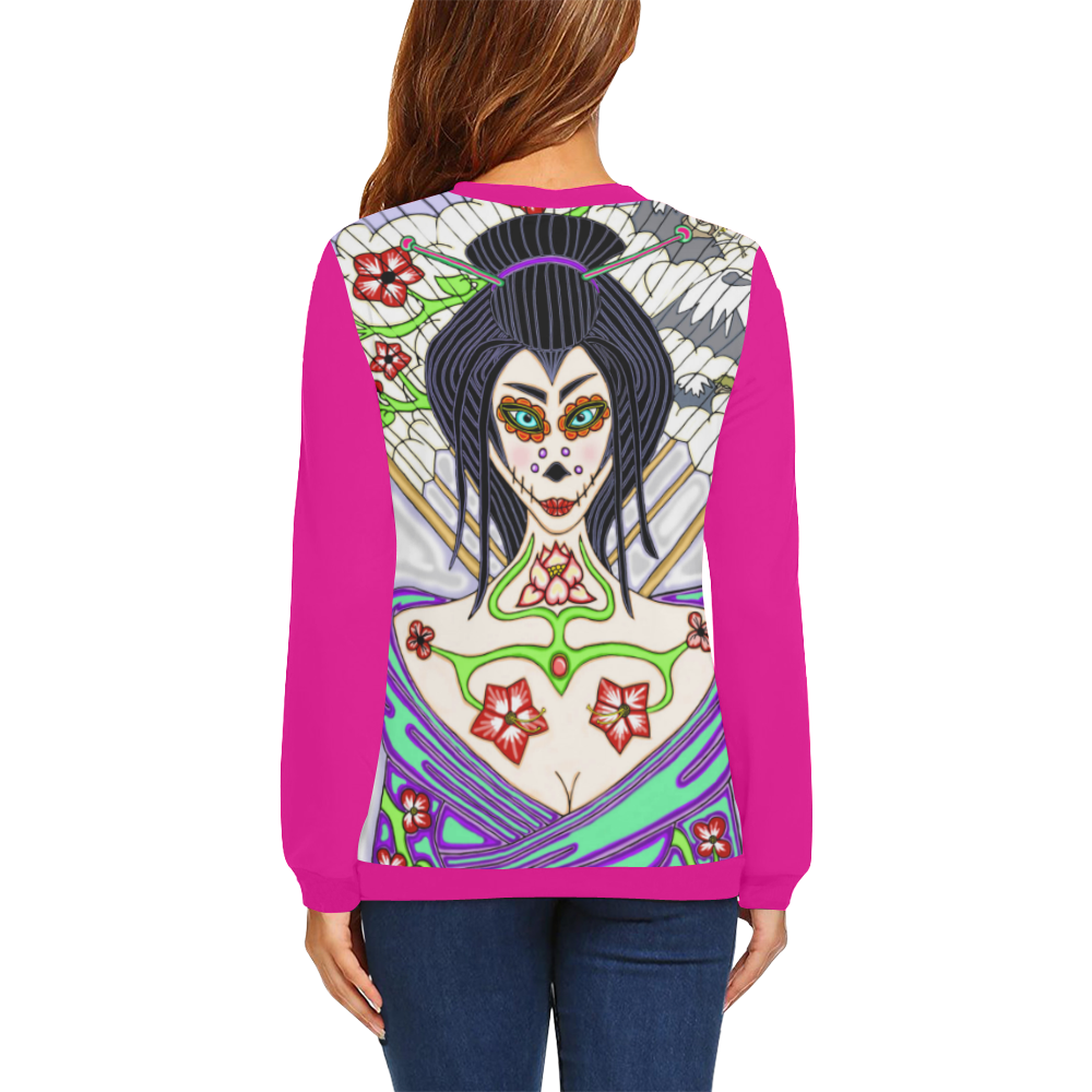 Geisha Sugar Skull Pink All Over Print Crewneck Sweatshirt for Women (Model H18)