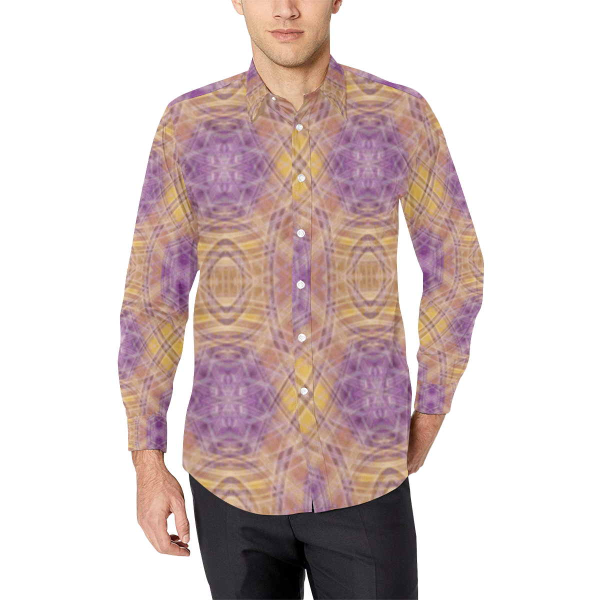 Rise of the Dragon - gold purple double diamond plaid pattern Men's All Over Print Casual Dress Shirt (Model T61)