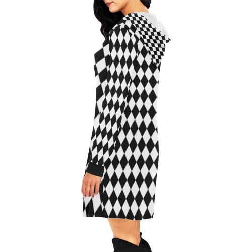Juleez Black White Harlequin Print All Over Print Hoodie Mini Dress (Model H27)