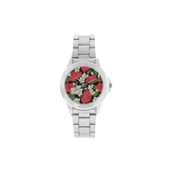 Pink, White and Black Floral Unisex Stainless Steel Watch(Model 103)