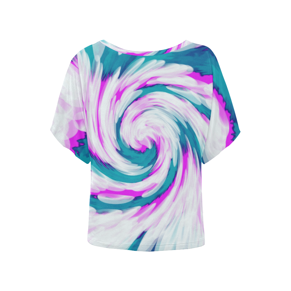 Turquoise Pink Tie Dye Swirl Abstract Women's Batwing-Sleeved Blouse T shirt (Model T44)