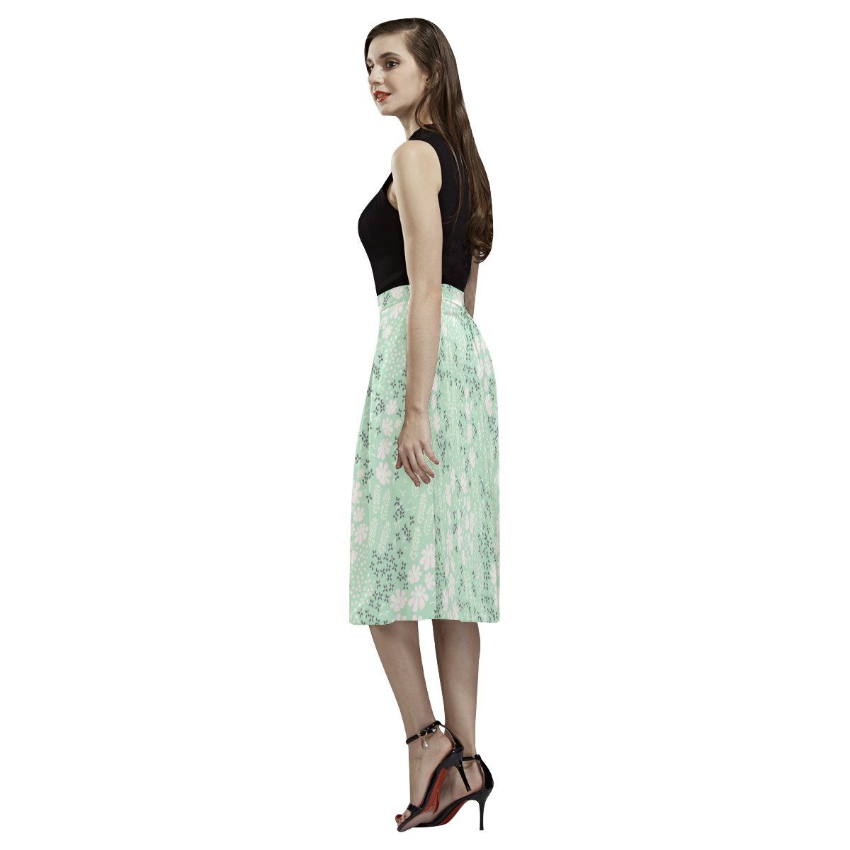 Mint Floral Pattern Aoede Crepe Skirt (Model D16)