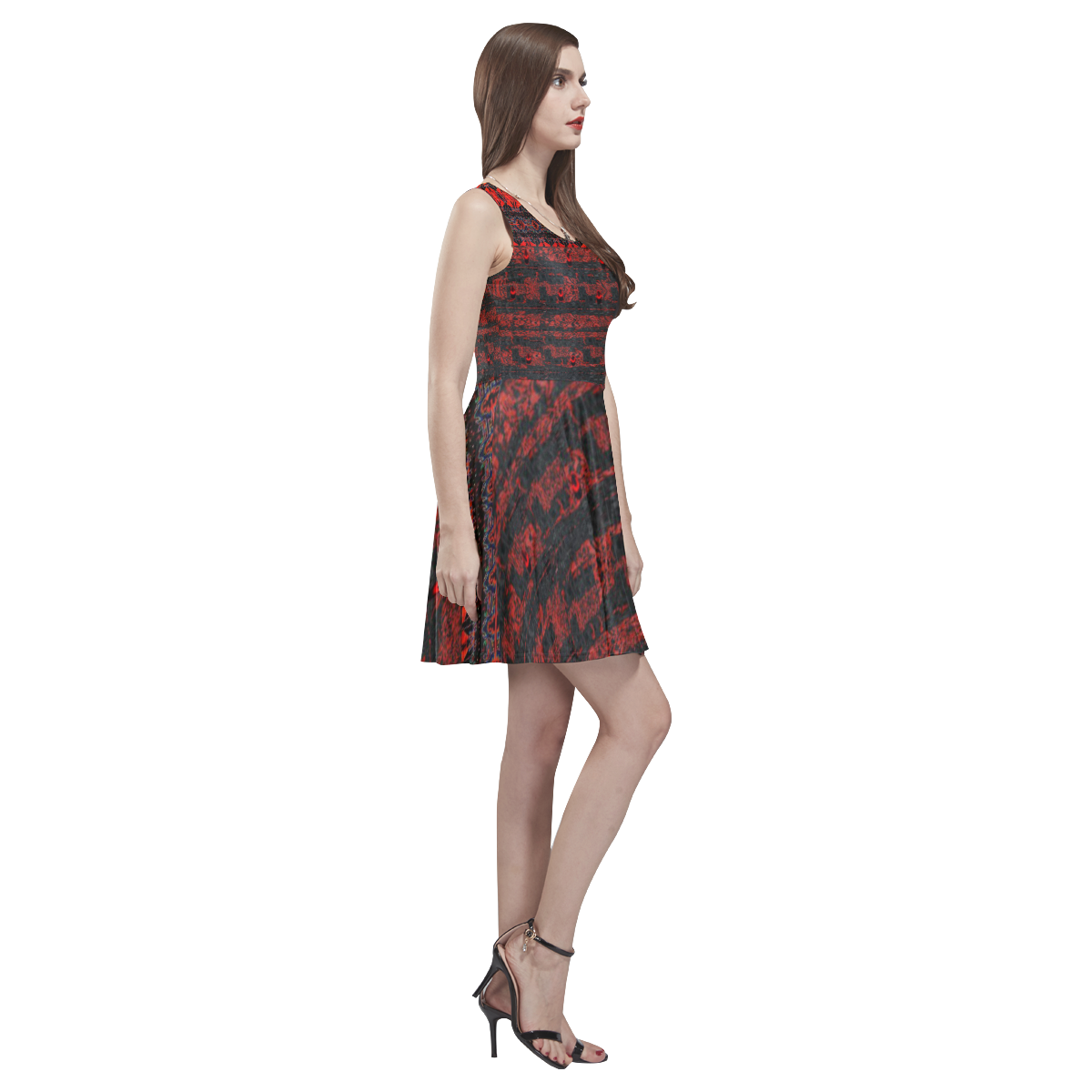 burgundy geomteric designs by FlipStylez Designs Thea Sleeveless Skater Dress(Model D19)