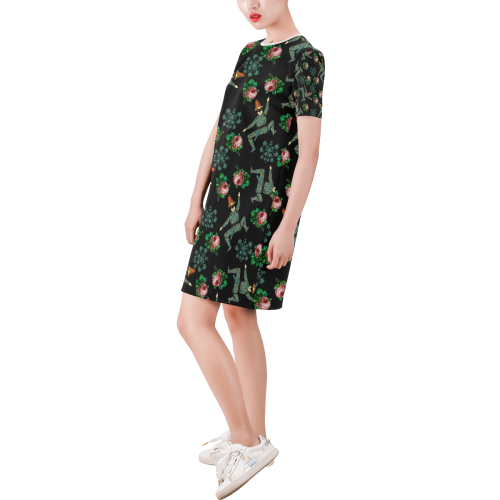 vintage jester floral pattern Short-Sleeve Round Neck A-Line Dress (Model D47)