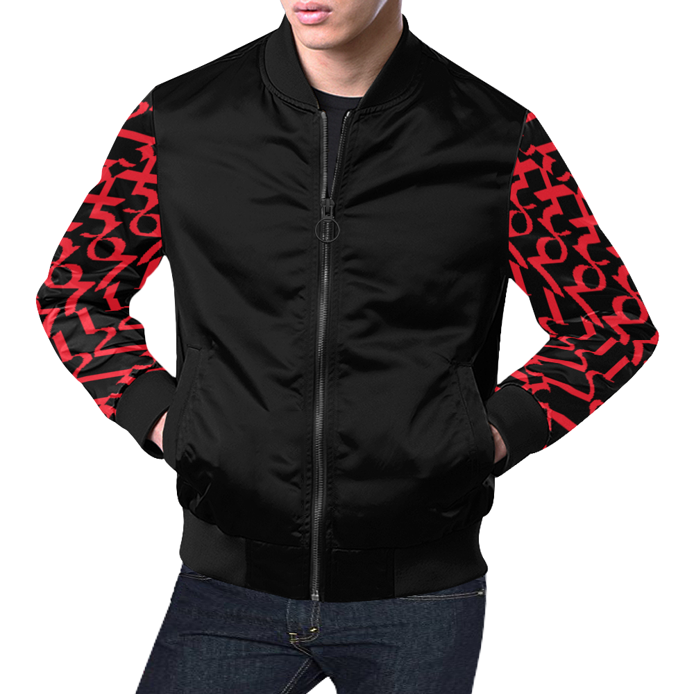 NUMBERS Collection 1234567 Sleeves Black/Cherry Red All Over Print Bomber Jacket for Men (Model H19)