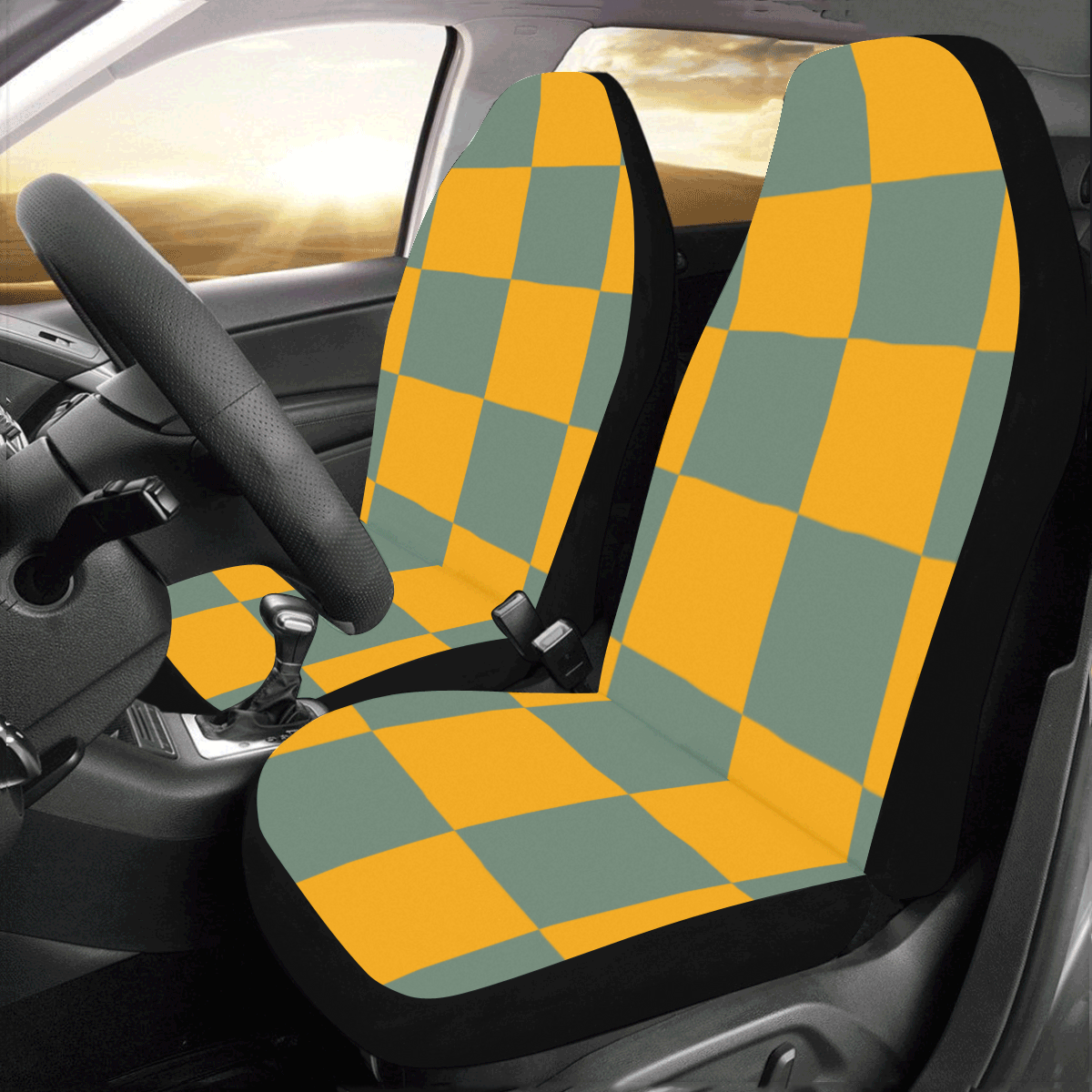 Yellow-Green Check Pattern Car Seat Covers (Set of 2)