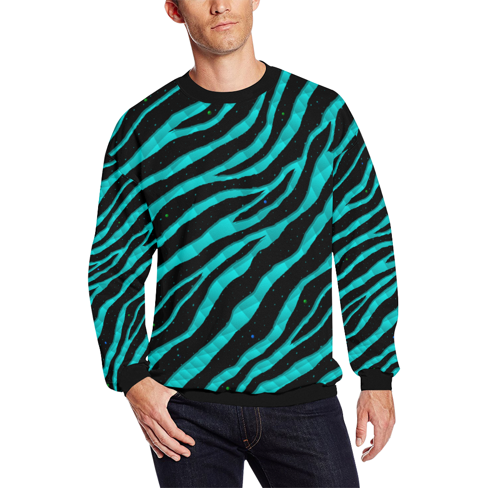 Ripped SpaceTime Stripes - Cyan All Over Print Crewneck Sweatshirt for Men/Large (Model H18)