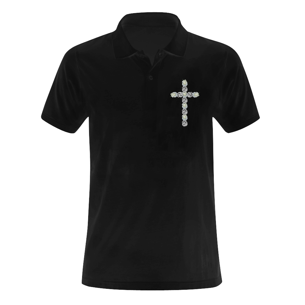 Christian Cross of Silver and White Rosebuds Men's Polo Shirt (Model T24)