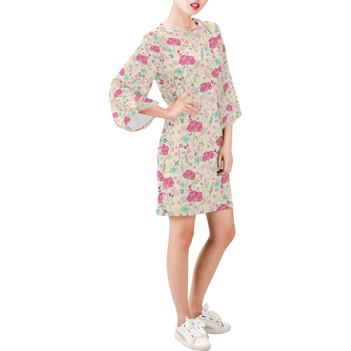 Floral Pattern Bell Sleeve Dress (Model D52)