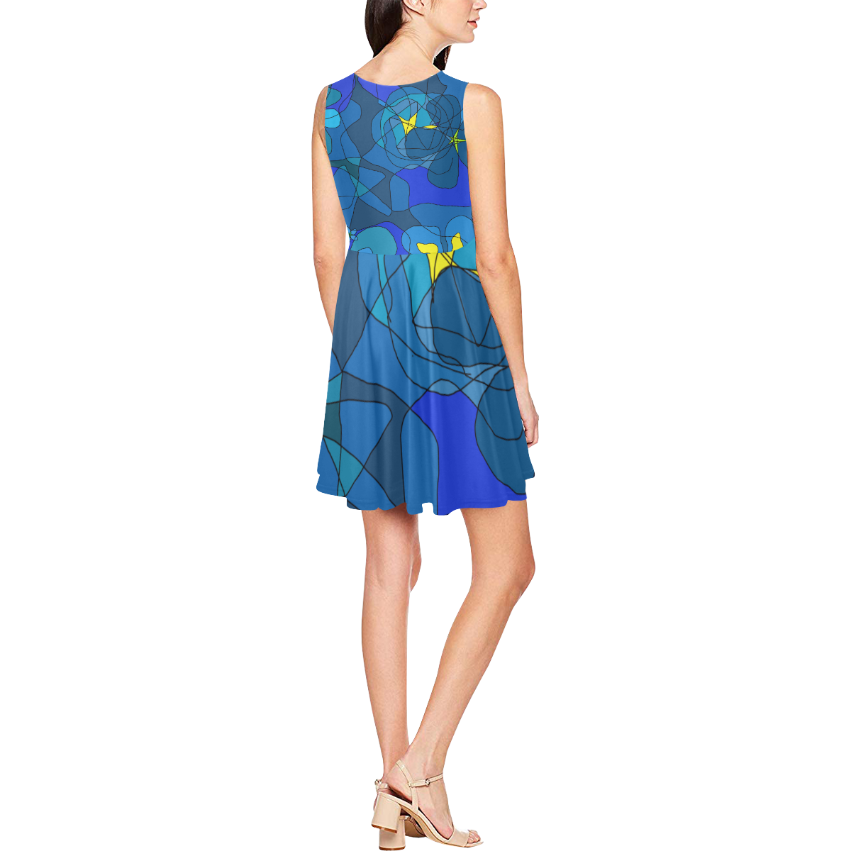 Abstract Blue Floral Design 2020 Thea Sleeveless Skater Dress(Model D19)