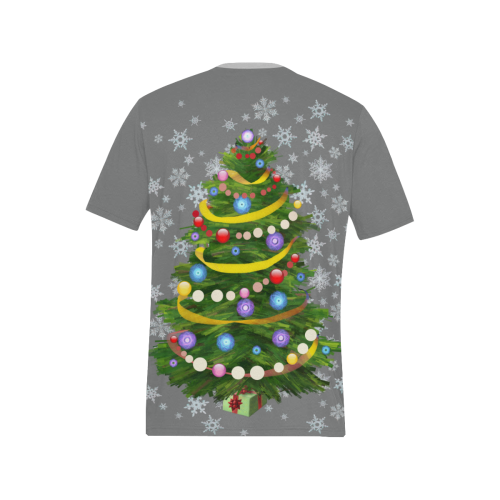 Snowflakes and Christmas Tree with Gift on gray Men's All Over Print T-Shirt (Solid Color Neck) (Model T63)