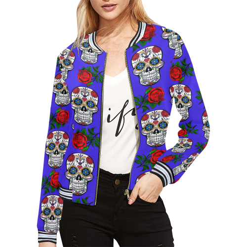 skull pattern blue All Over Print Bomber Jacket for Women (Model H21)