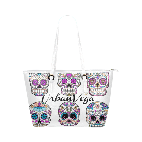 White with sugar skulls Leather Tote Bag/Large (Model 1651)