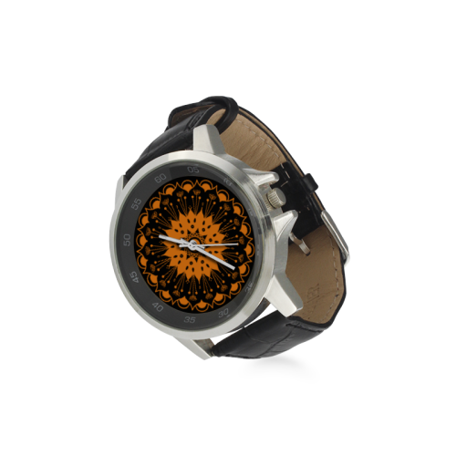 mandala naranja chakra swadisthana:atrae la abundancia y el bienestar Unisex Stainless Steel Leather Strap Watch(Model 202)