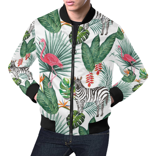 Awesome Flamingo And Zebra All Over Print Bomber Jacket for Men/Large Size (Model H19)