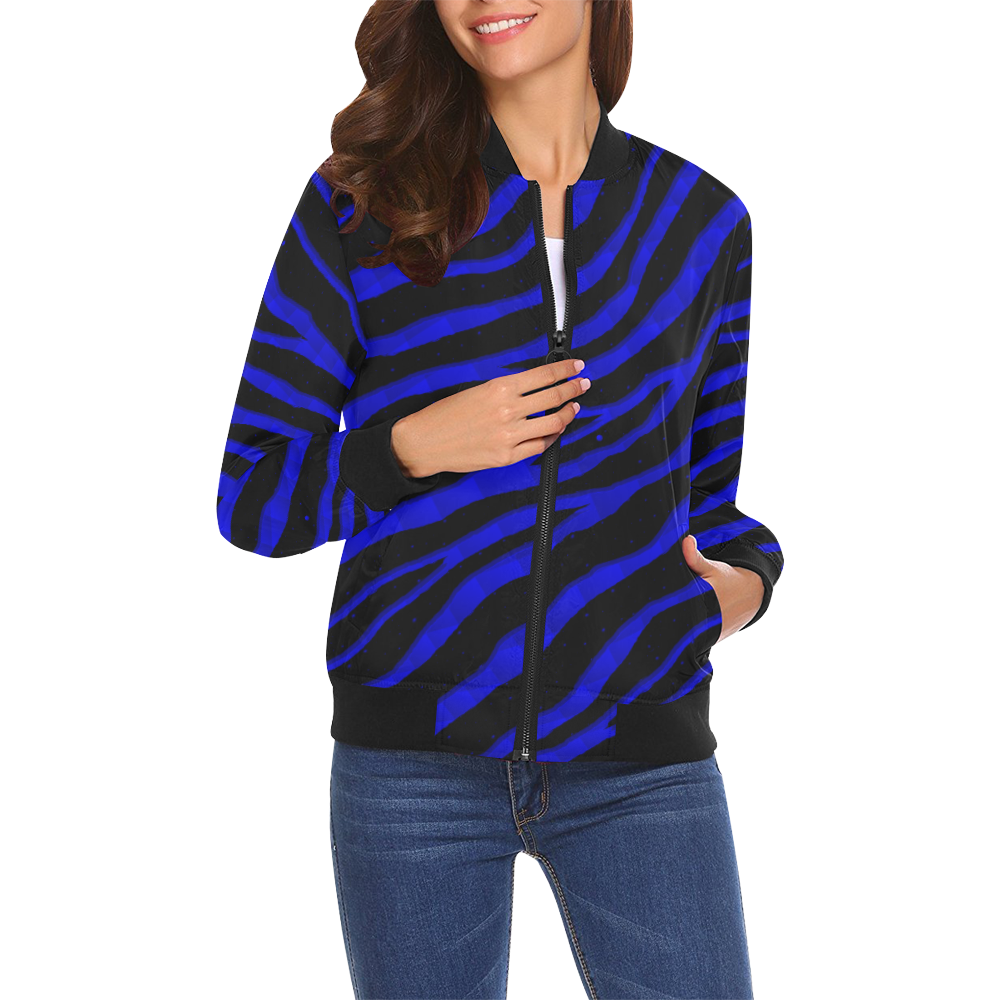 Ripped SpaceTime Stripes - Blue All Over Print Bomber Jacket for Women (Model H19)