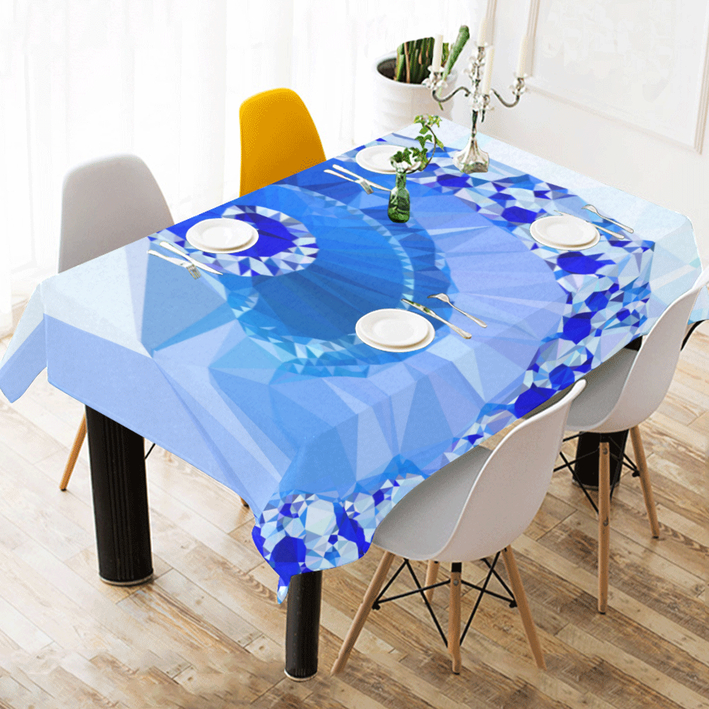 Blue White Geometric Fractal Art Cotton Linen Tablecloth 60" x 90"