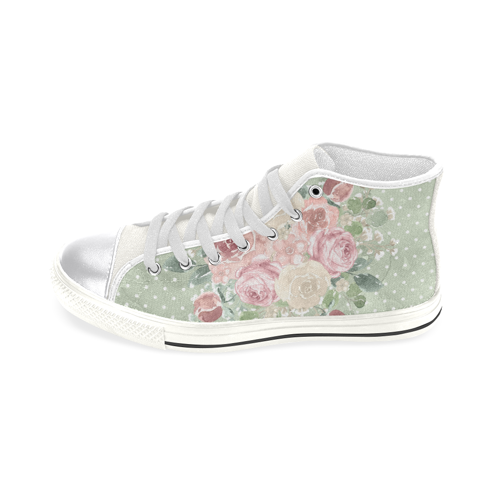 Green Pink Floral Shoes, Watercolor Women's Classic High Top Canvas Shoes (Model 017)