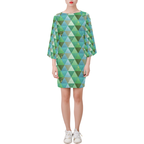 Triangle Pattern - Green Teal Khaki Moss Bell Sleeve Dress (Model D52)