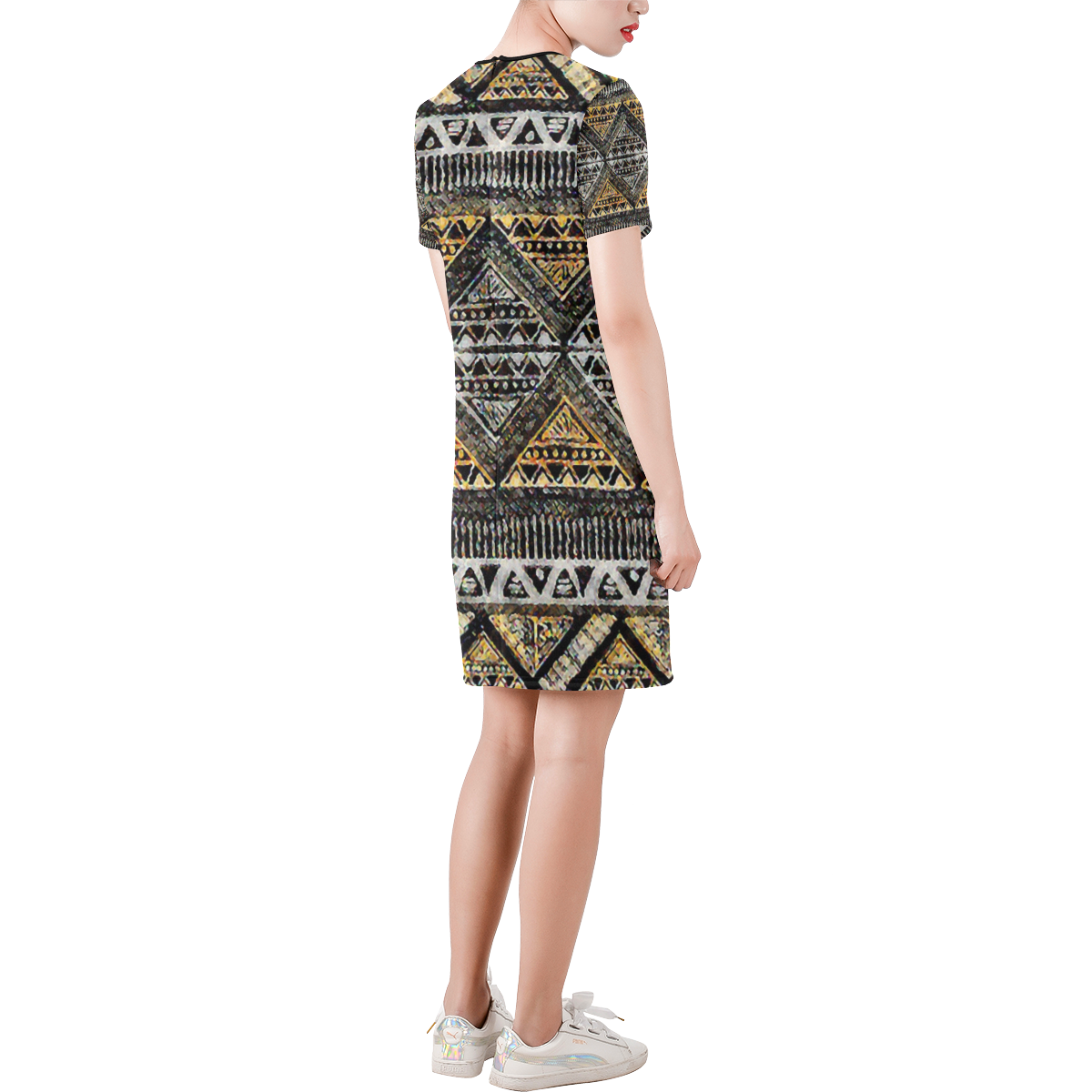 Tri-fold Short-Sleeve Round Neck A-Line Dress (Model D47)