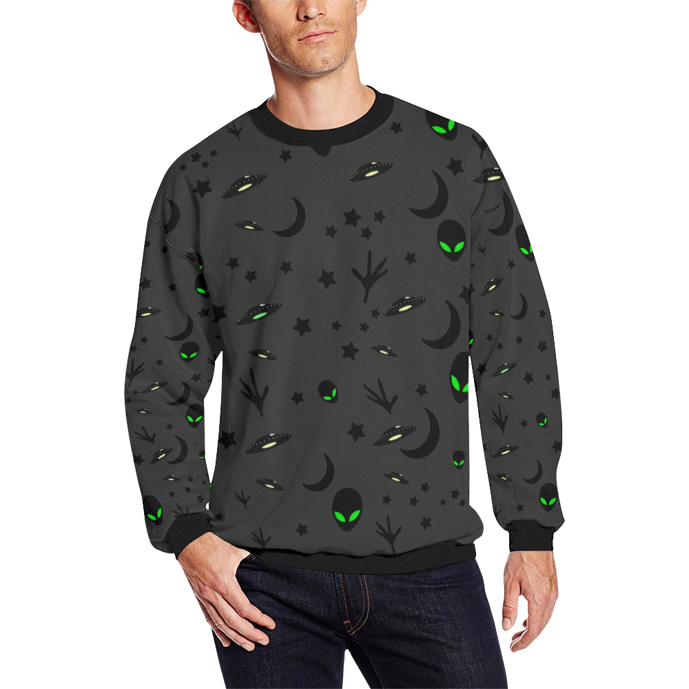 Alien Flying Saucers Stars Pattern on Charcoal Men's Oversized Fleece Crew Sweatshirt/Large Size(Model H18)