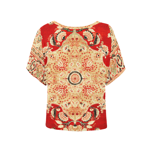 Persian Carpet Hadji Jallili Tabriz Red Gold Women's Batwing-Sleeved Blouse T shirt (Model T44)