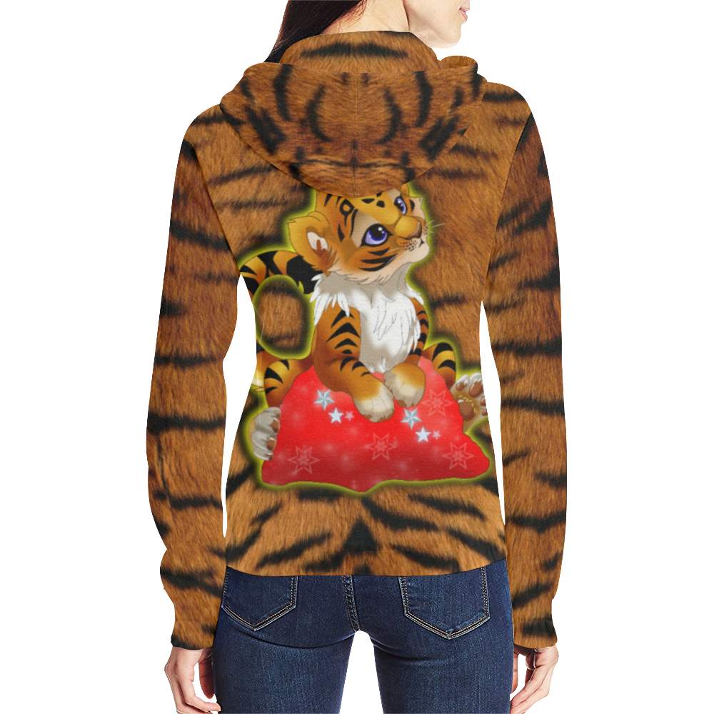 Tiger Cubs All Over Print Full Zip Hoodie for Women (Model H14)