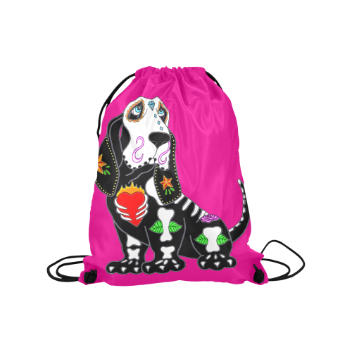 Basset Hound Sugar Skull Pink Medium Drawstring Bag Model 1604 (Twin Sides) 13.8"(W) * 18.1"(H)