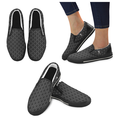 LADIES_SKULL_GREY_BLK Women's Unusual Slip-on Canvas Shoes (Model 019)