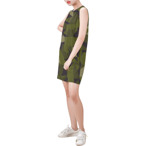 Swedish M90 woodland camouflage Sleeveless Round Neck Shift Dress (Model D51)