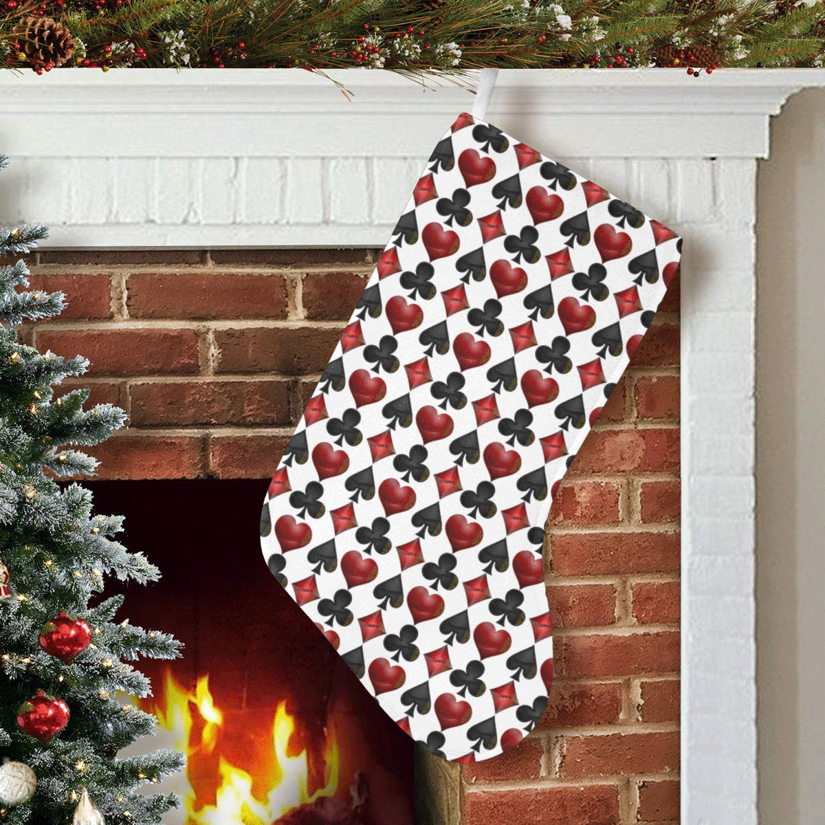 Las Vegas Black and Red Casino Poker Card Shapes Christmas Stocking (Without Folded Top)