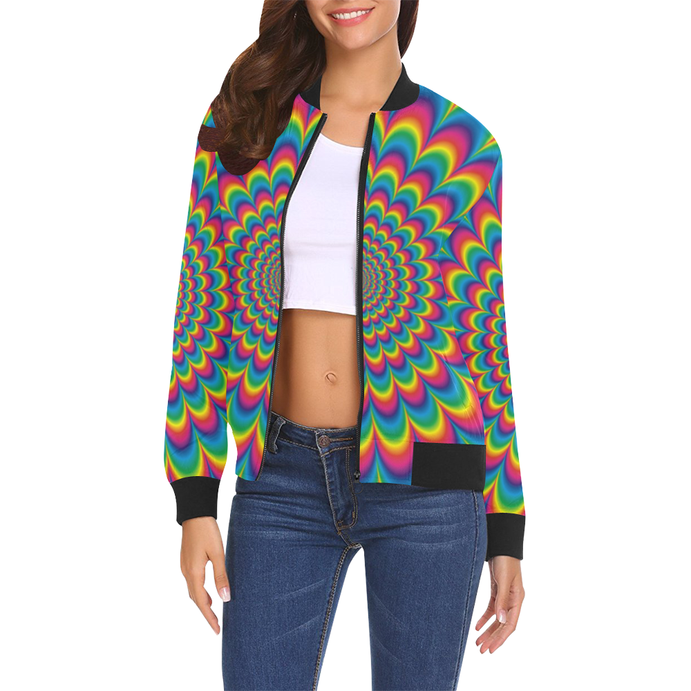 Crazy Psychedelic Flower Power Hippie Mandala All Over Print Bomber Jacket for Women (Model H19)