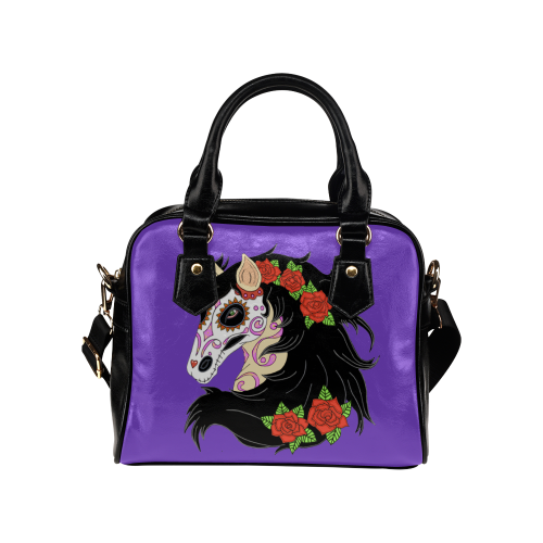 Sugar Skull Horse Red Roses Purple Shoulder Handbag (Model 1634)