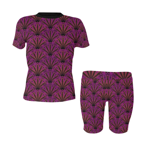Feather pattern pink orange by JamColors Women's Short Yoga Set
